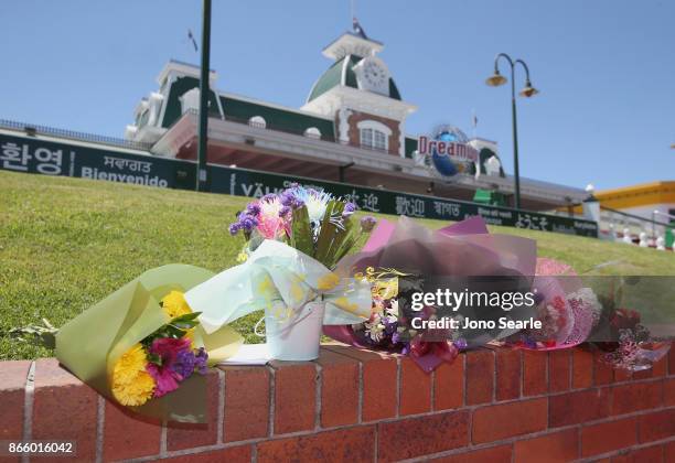 Flowers can be seen at the entrance to Dreamworld on October 25, 2017 in Gold Coast, Australia. Four people were killed following an accident on the...