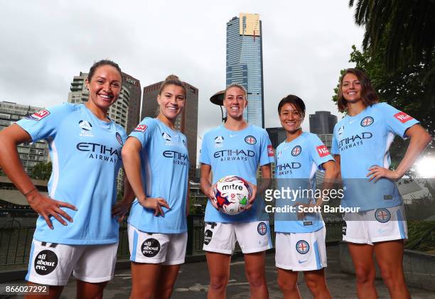 Kyah Simon, Steph Catley, Alanna Kennedy, Yukari Kinga and Ashley Hatch of Melbourne City Womens team pose during a Melbourne City W-League media...