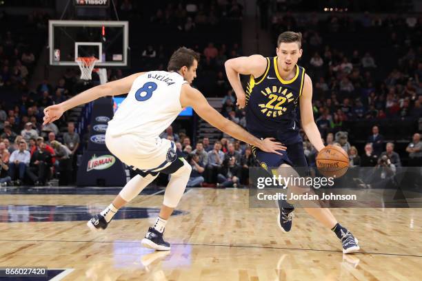 Leaf of the Indiana Pacers handles the ball against the Minnesota Timberwolves on October 24, 2017 at Target Center in Minneapolis, Minnesota. NOTE...