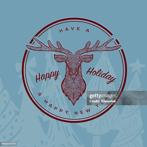 happy holiday circle label design template with deer - tangle pattern stock illustrations