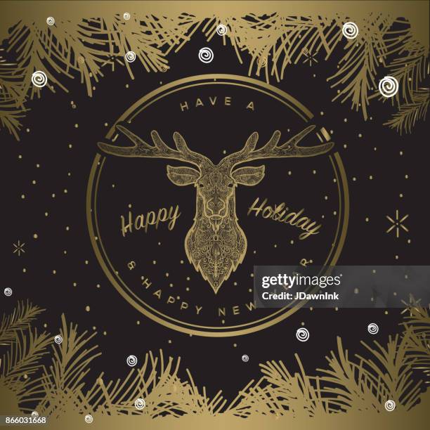 happy holiday circle label design template with deer - tangle pattern stock illustrations