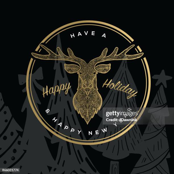 happy holiday circle label design template with deer - tangle pattern stock illustrations