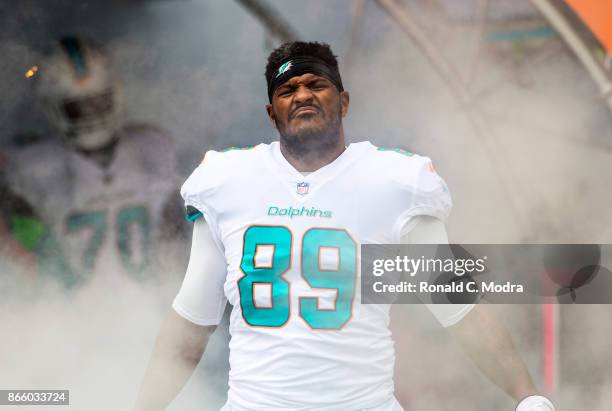 Tight end Julius Thomas of the Miami Dolphins enters the field before a NFL game against the New York Jets at Hard Rock Stadium on October 22, 2017...