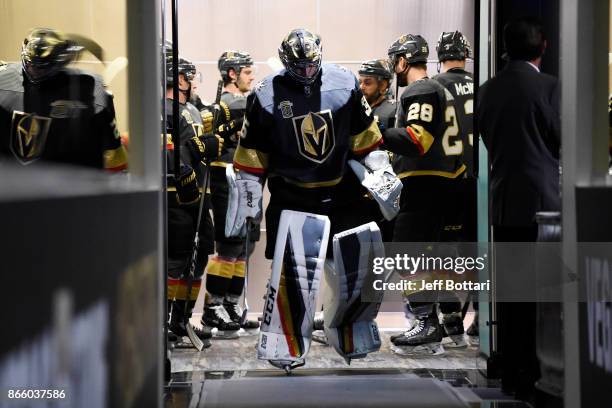 Oscar Dansk of the Vegas Golden Knights makes his way to the ice prior to the game against the Chicago Blackhawks at T-Mobile Arena on October 24,...