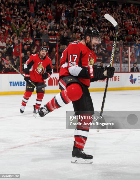 Nate Thompson of the Ottawa Senators celebrates his third period short-handed goal against the Los Angeles Kings at Canadian Tire Centre on October...