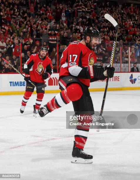 Nate Thompson of the Ottawa Senators celebrates his third period short-handed goal against the Los Angeles Kings at Canadian Tire Centre on October...