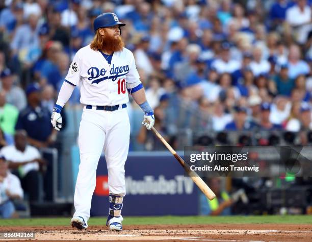 Justin Turner of the Los Angeles Dodgers bats during Game 1 of the 2017 World Series against the Houston Astros at Dodger Stadium on Tuesday, October...