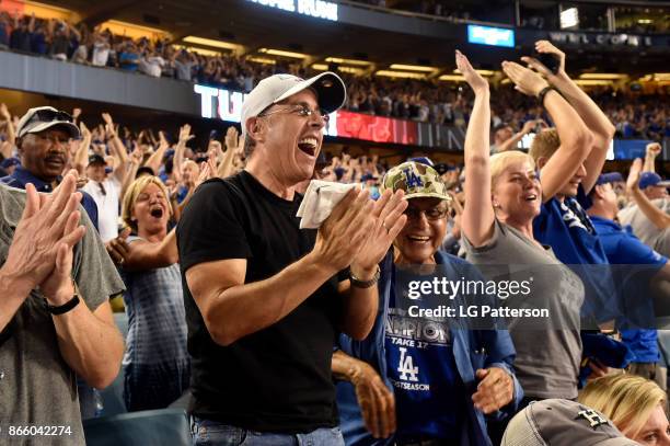 Actor Jerry Seinfeld is seen cheering during Game 1 of the 2017 World Series between the Houston Astros and the Los Angeles Dodgers at Dodger Stadium...