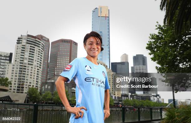 Yukari Kinga of Melbourne City Womens team poses during a Melbourne City W-League media opportunity at SBS Studios on October 25, 2017 in Melbourne,...