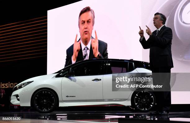 Nissan Motors executive vice president Daniele Schillaci introduces Nissan Leaf NISMO Concept during the company's presentation at the Tokyo Motor...