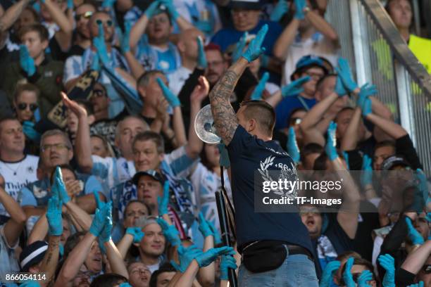 Fans of TSV 1860 Muenchen are seen during the Regionalliga Bayern match between FC Augsburg II and 1860 Muenchen at WWK ARENA on October 14, 2017 in...