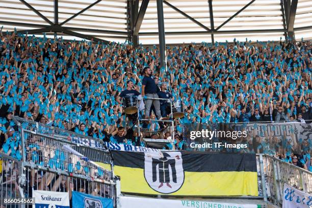 Fans of TSV 1860 Muenchen are seen during the Regionalliga Bayern match between FC Augsburg II and 1860 Muenchen at WWK ARENA on October 14, 2017 in...