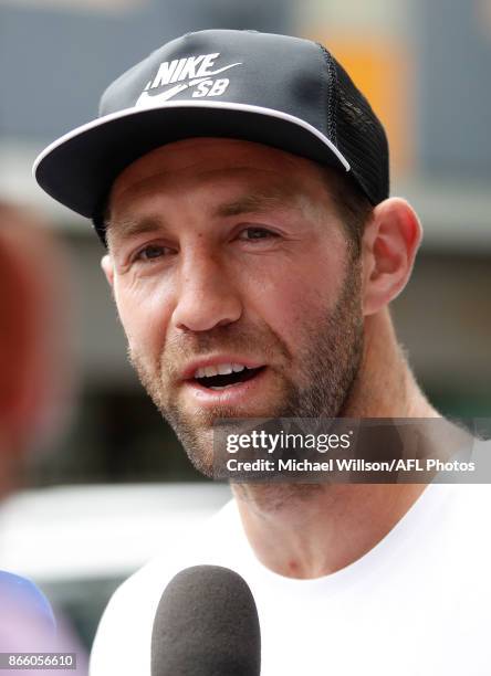 Travis Cloke speaks with media after announcing his retirement at Nike on October 25, 2017 in Melbourne, Australia.