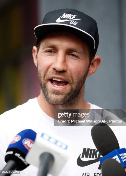 Travis Cloke speaks with media after announcing his retirement at Nike on October 25, 2017 in Melbourne, Australia.