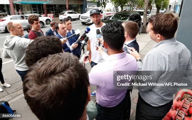 Travis Cloke speaks with media after announcing his retirement at Nike on October 25, 2017 in Melbourne, Australia.