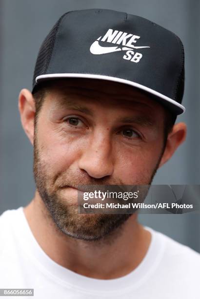 Travis Cloke speaks with media after announcing his retirement at Nike on October 25, 2017 in Melbourne, Australia.