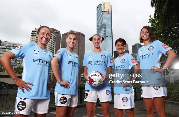 Kyah Simon, Steph Catley, Alanna Kennedy, Yukari Kinga and Ashley Hatch of Melbourne City Womens team pose during a Melbourne City W-League media...