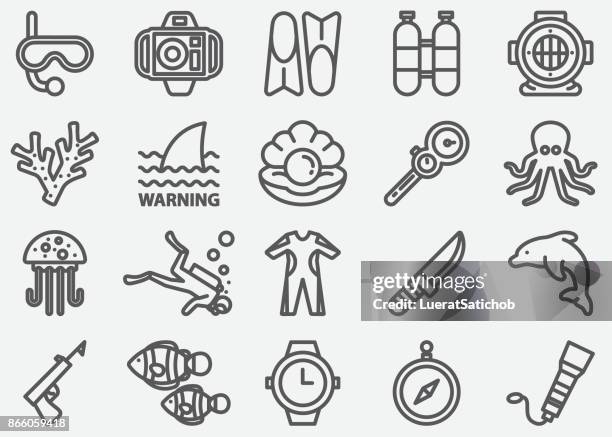 scuba and diving line icons - diving into water stock illustrations