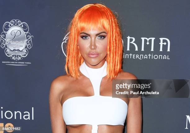 Model Jessica Cribbon attends the 2017 Maxim Halloween party at Los Angeles Center Studios on October 21, 2017 in Los Angeles, California.
