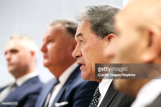 First leader Winston Peters speaks during a post caucus meeting press conference at Parliament on October 25, 2017 in Wellington, New Zealand. After...