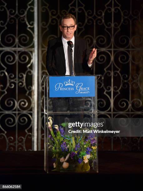 Tom Kenny speaks onstage at the 2017 Princess Grace Awards Gala Kick Off Event with a special tribute to Stephen Hillenberg at Paramount Studios on...