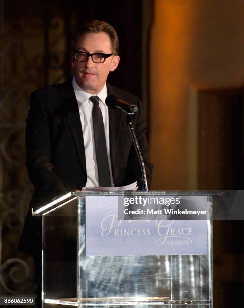 Tom Kenny speaks onstage at the 2017 Princess Grace Awards Gala Kick Off Event with a special tribute to Stephen Hillenberg at Paramount Studios on...