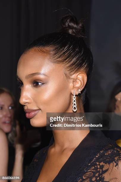 Model Jasmine Tookes, wearing John Hardy jewelry, attends John Hardy And Vanity Fair Celebrate Legends at Le Coucou on October 24, 2017 in New York...