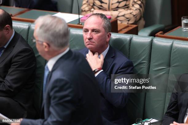 Deputy Prime Minister Barnaby Joyce during House of Representatives question time at Parliament House on October 25, 2017 in Canberra, Australia. The...