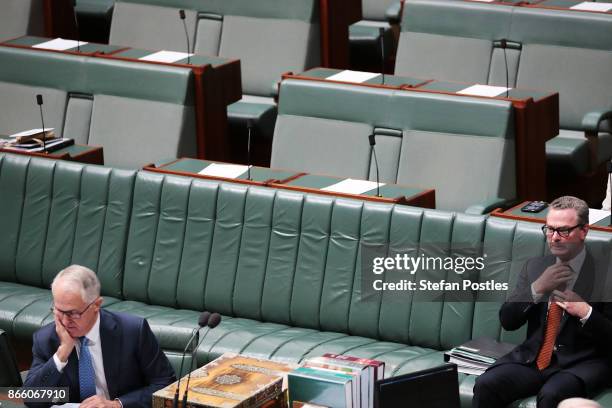 Minister for Defence Industry Christopher Pyne and Prime Minister Malcolm Turnbull prior to House of Representatives question time at Parliament...