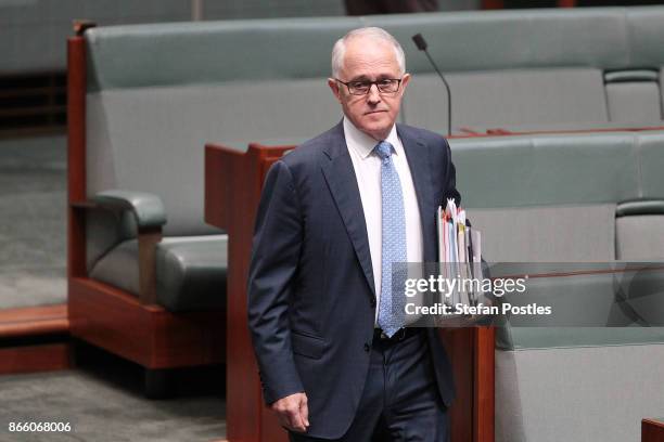 Prime Minister Malcolm Turnbull arrives to House of Representatives question time at Parliament House on October 25, 2017 in Canberra, Australia. The...