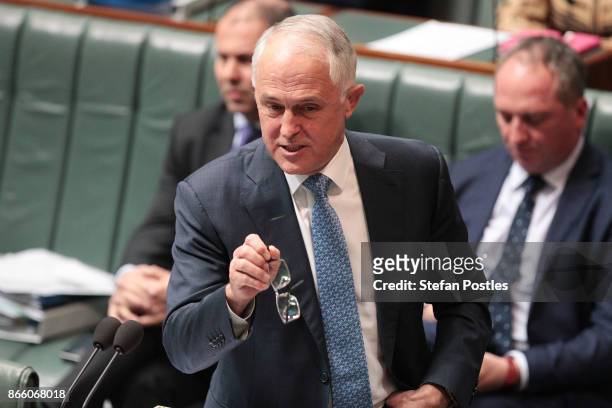 Prime Minister Malcolm Turnbull during House of Representatives question time at Parliament House on October 25, 2017 in Canberra, Australia. The...