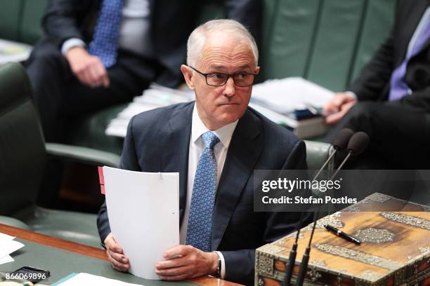 Prime Minister Malcolm Turnbull during House of Representatives question time at Parliament House on October 25, 2017 in Canberra, Australia. The...