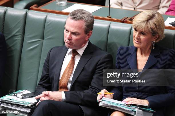 Minister for Defence Industry Christopher Pyne and Minister for Foreign Affairs Julie Bishop during House of Representatives question time at...