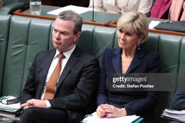 Minister for Defence Industry Christopher Pyne and Minister for Foreign Affairs Julie Bishop during House of Representatives question time at...