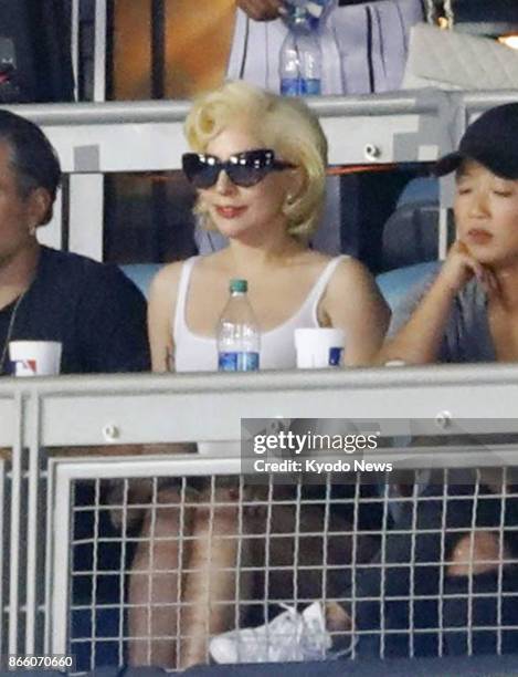 Pop diva Lady Gaga watches Game 1 of the World Series between the Los Angeles Dodgers and Houston Astros at Dodger Stadium on Oct. 24, 2017. ==Kyodo
