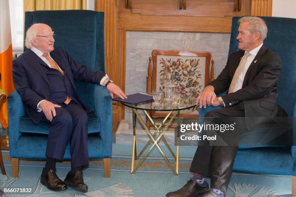 Speaker of the House David Carter greets President Michael D. Higgins on October 25, 2017 in Wellington, New Zealand. Higgins is on a six-day visit...