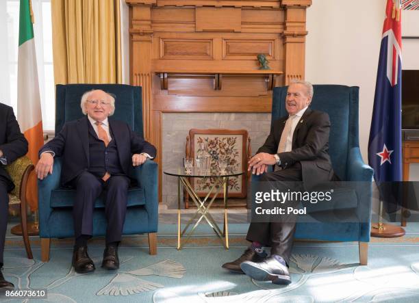 Speaker of the House David Carter greets President Michael D. Higgins on October 25, 2017 in Wellington, New Zealand. Higgins is on a six-day visit...