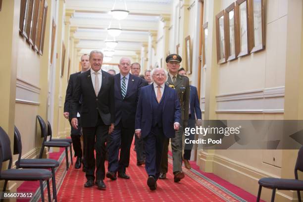 Speaker of the House David Carter greets President Michael D. Higgins on October 25, 2017 in Wellington, New Zealand. Higgins is on a six-day visit...