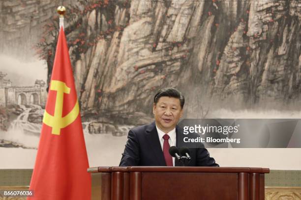 Xi Jinping, China's president and general secretary of the Communist Party of China, speaks at the podium during the unveiling of the Communist...