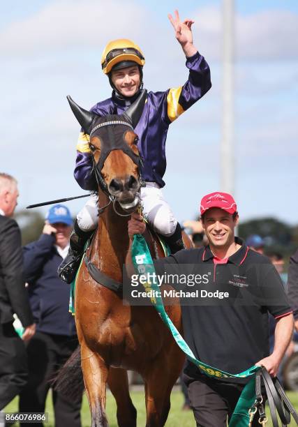 Vengeur Masque ridden by Patrick Moloney returns to scale after winning race 7 the bet365 Geelong Cup ahead of Craig Williams riding Gallic Chieftain...