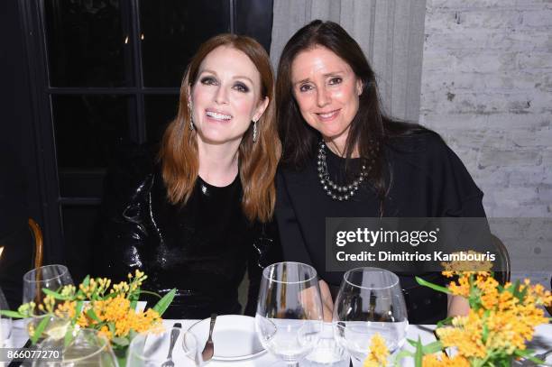 Actress Julianne Moore , wearing John Hardy jewelry, and director Julie Taymor attend John Hardy And Vanity Fair Celebrate Legends at Le Coucou on...