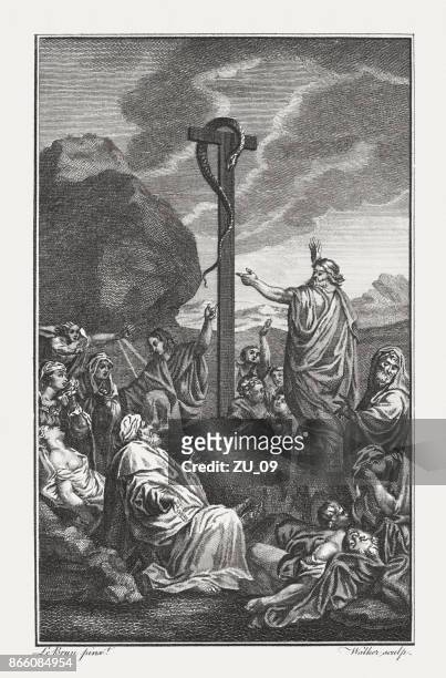 moses lift up a serpent of brass (number 21, 9) - moses religious figure stock illustrations
