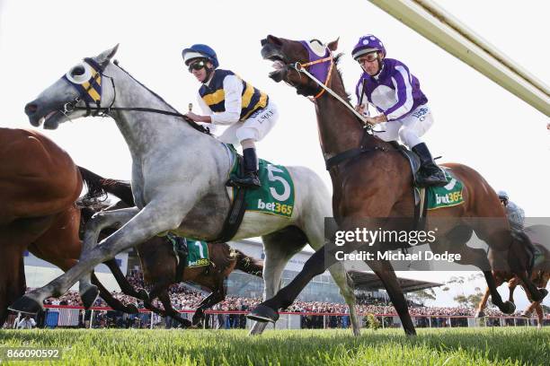 Jockey Luke Nolen on Grey Lion and Damien Oliver on Settler's Stone gallop on the first lap in race 7 the bet365 Geelong Cup ahead of Craig Williams...