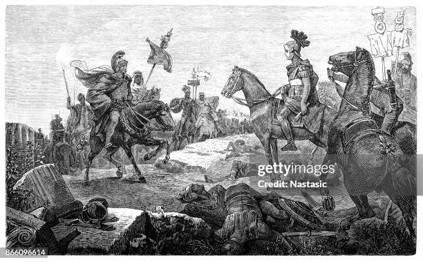 illustrazioni stock, clip art, cartoni animati e icone di tendenza di seconda guerra punica : il generale e statista romano publio cornelio scipione africano incontra il leader cartaginese annibale (barbuto, a sinistra) prima di sconfiggerlo nella battaglia di zama - battaglia