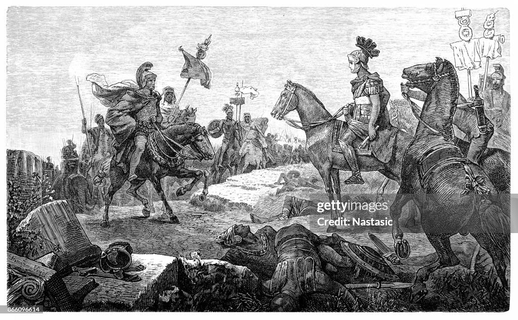 第二次ポエニ戦争: ローマの将軍・政治家プブリウス コーネリアス スキピオ ・ アフリカヌスは座間の戦いの彼を敗北させる前にカルタゴの指導者ハンニバル (髭、左側) を満たす