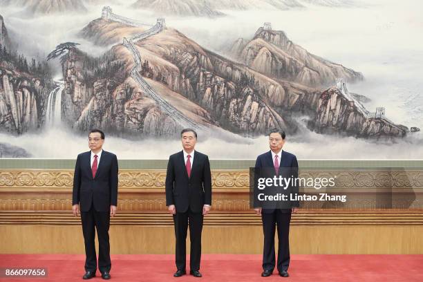 Li Keqiang, Wang Yang and Zhao Leji attends the greets the media at the Great Hall of the People on October 25, 2017 in Beijing, China. China's...