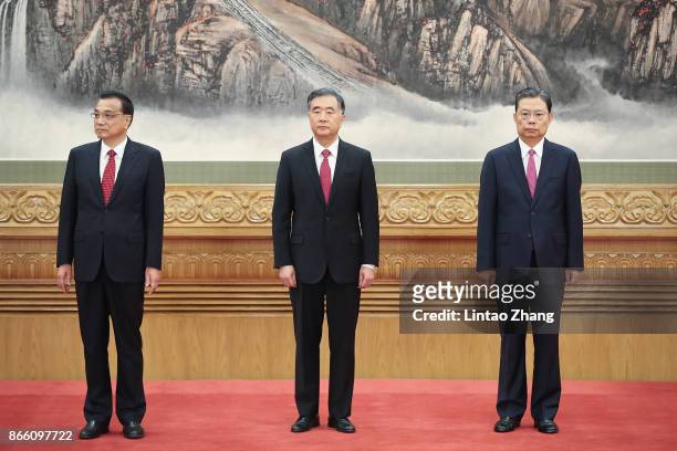 Li Keqiang, Wang Yang and Zhao Leji attends the greets the media at the Great Hall of the People on October 25, 2017 in Beijing, China. China's...