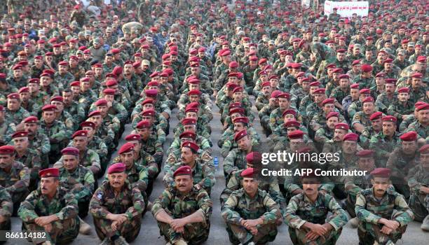 Hundreds of Iraqi forces are briefed at Habaniya army base, east of Ramadi, in Iraq's Anbar province on October 24, 2017. Iraqi forces have retaken...