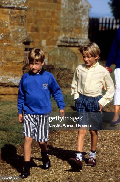 Prince William and his cousin Alexander Fellowes attend the rehearsal for the wedding of Charles, Viscount Althorp on November 30, 1987 in Great...