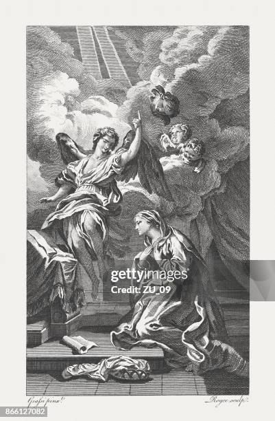 annunciation of the blessed virgin mary (luke 1), published 1774 - angel gabriel stock illustrations